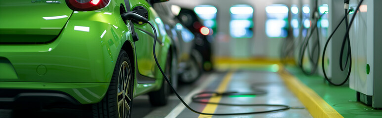 Green EV  car at charging station.Panorama view. Generative AI - obrazy, fototapety, plakaty