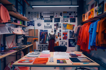 Creative Fashion Design Studio Interior with Garments, Sketches, and Textiles