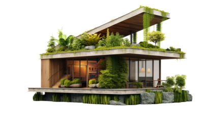 A house nestled among greenery with plants flourishing on the roof