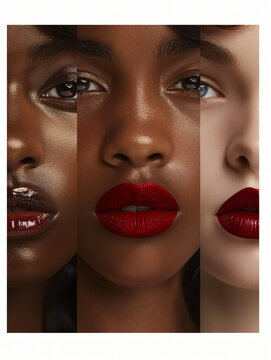different red but instead of square red make it square of close up macro pocture of lips with different red lipstick and skin color variation