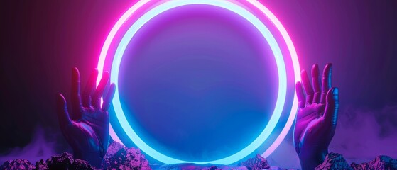 Animated 3D render, abstract neon background, mannequin hands interacting, ultraviolet halogen light, pink blue glowing round frame, fashion concept, virtual reality