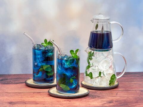Iced blue tea made from Anchan flowers, also known as butterfly pea - Clitoria ternatea