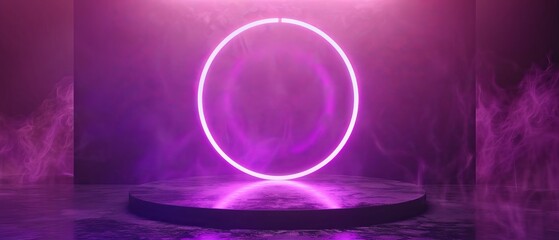 Pink violet neon abstract background with glowing ring shape, ultraviolet light, laser show stage with reflections, round blank frame in 3D
