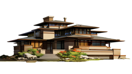 A whimsical house design featuring numerous windows filling the facade