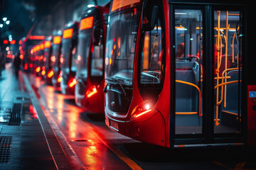 A row of red buses are parked at a bus stop