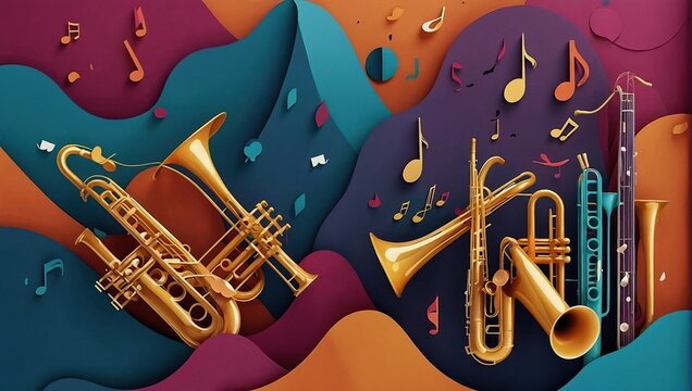 Vector layered paper cut craft style music composition of saxophone guitar trumpet violin music instruments, notes on abstract color background 