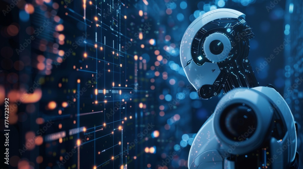Fototapete Futuristic Robot Against a Backdrop of Digital Data Streams