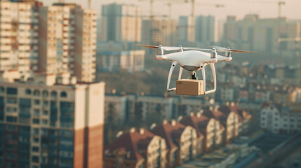 A drone with a cardboard box delivers an order. Delivery of the future