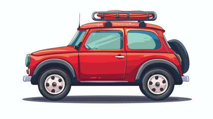 Cartoon red car with a roof rack Flat vector isolated