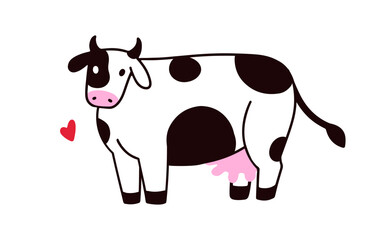 Cute milk cow, calf. Friendly dairy farm animal with spots, udder. Funny cattle, rural livestock, adorable domestic milker. Childrens flat graphic vector illustration isolated on white background