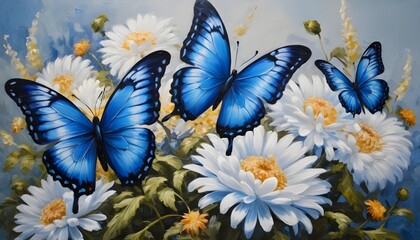 blue tropical butterflies on chrysanthemum flowers painted with oil paints