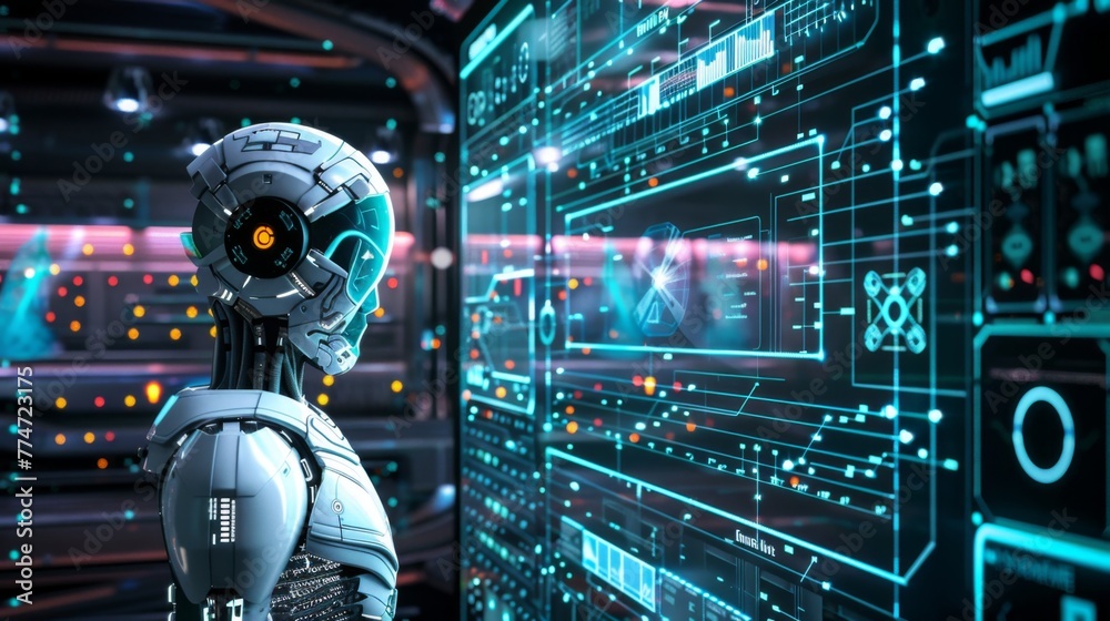 Poster Advanced AI Robot Interacting With Futuristic Interface