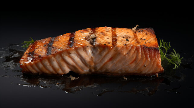 A high-definition HDR image of a piece of grilled salmon on a solid dark gray background, highlighting the fish's flaky texture and pinkish hue.