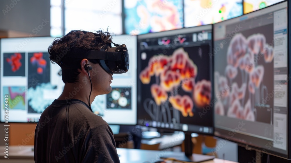 Poster Man Experiencing Virtual Reality in a High-Tech Visualization Lab