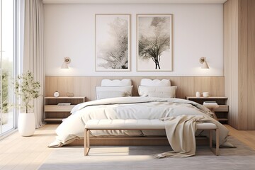 Fototapeta na wymiar Light & Serene: Scandinavian Minimalist Bedroom Decors in Cozy Nordic Style