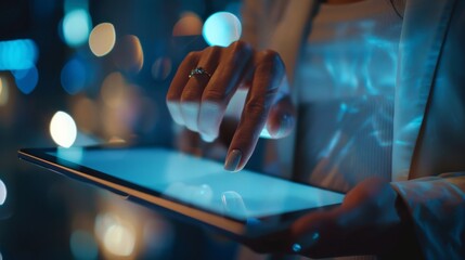 Anonymous businesswoman holding a tablet and touching a screen