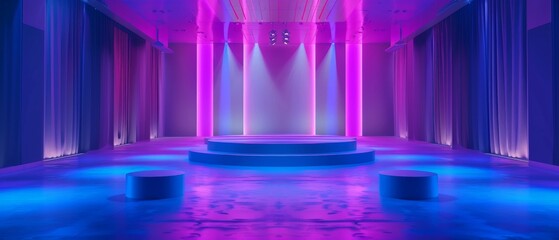Render of a night club empty room interior, tunnel or corridor, glowing panels, fashion podium, performance stage decorations,... with a blue pink violet neon abstract background.