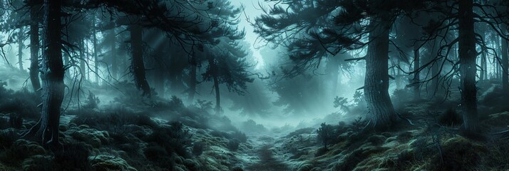 Foggy Forest Path Generative AI - obrazy, fototapety, plakaty