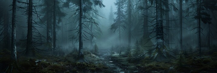 Foggy Forest Path Generative AI - obrazy, fototapety, plakaty
