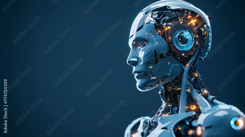 Poster Advanced AI Robot With Human-like Features Against Dark Background