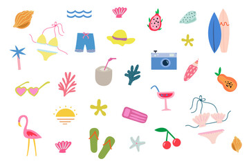 Set of cute summer icons: food, drinks, palm leaves, corals, swimsuits, fruits and flamingos. Bright summer flat icons on a white background