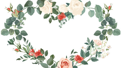 Floral heart shaped frame with roses jasmine  - obrazy, fototapety, plakaty