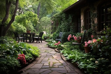 Fototapeta na wymiar Stone Pathway: Secluded Forest Garden Patio Ideas - Lush Plants, Peaceful Retreat