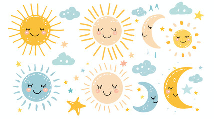 Hand drawn cute Sun icons. Weather and forecast