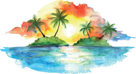 Fototapeta na wymiar watercolor illustration tropical island with palm trees