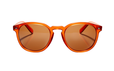 A vivid pair of orange sunglasses standing out against a pristine white backdrop