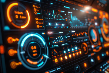 A computer monitor displays a variety of colorful graphs and numbers