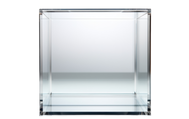 A square glass block emits a soft, ethereal glow on a pristine white backdrop