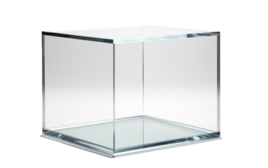 A square glass box rests elegantly on a stark white background