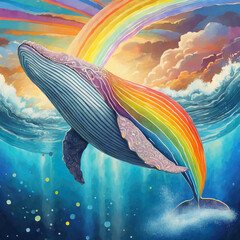 고래가 하늘을 수영하고 있으며, 그 꼬리는 무지개로 무늬가 나타나 있습니다. - obrazy, fototapety, plakaty