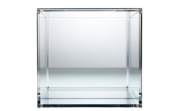 A square glass block emits a soft, ethereal glow on a pristine white backdrop