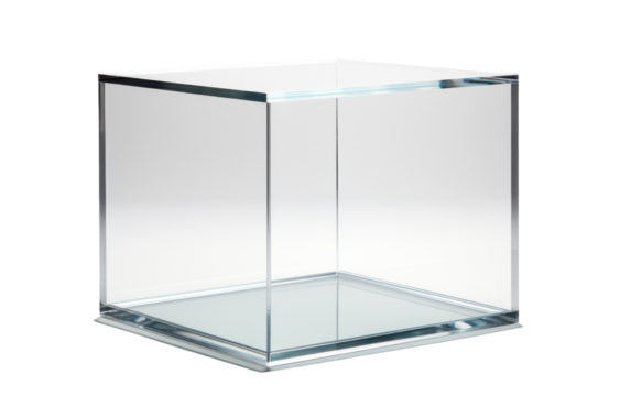 A square glass box rests elegantly on a stark white background