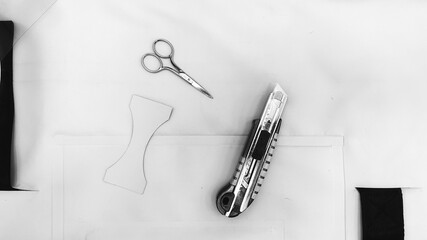 Crafting Tools Scissors Cutter Pattern Top View Black White
