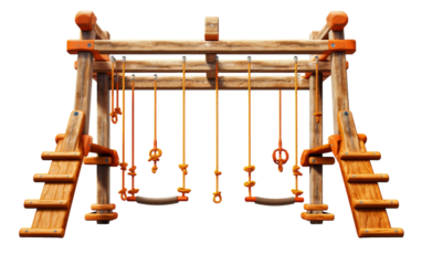 A wooden swing set with ropes and swings, inviting playful adventures and joyful moments in a magical setting