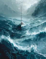 a hyper realistic photo of a modern sailboat in large cobalt seas  - obrazy, fototapety, plakaty