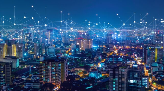 Illuminated City Night With Digital Network