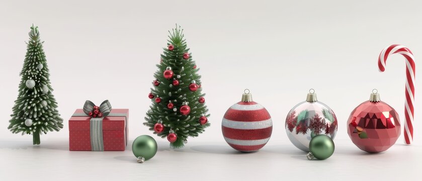 Holiday clip art collection isolated on white background. 3D rendering, gift box, glass ball, fir tree, candy cane.