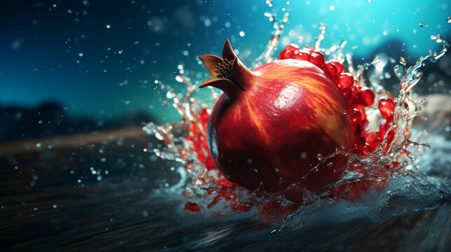 A high-resolution HDR image of a pomegranate being submerged in water, with the seeds dispersing and creating a captivating visual effect.