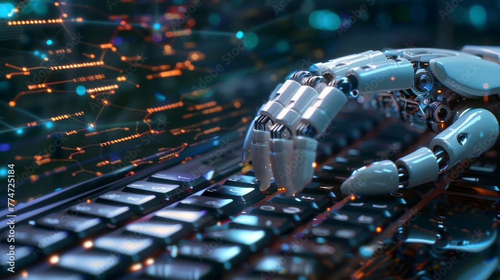 Poster Robotic Hand Typing on a Keyboard Signifying AI Technology