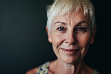 Portrait of smiling senior woman on dark background. Close up.