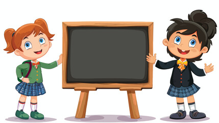 Cartoon school children with blank chalkboard Flat vector