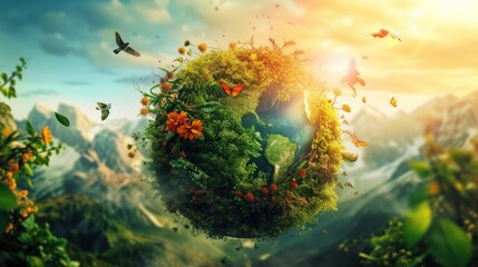 Ecology concept. Green planet with butterflies and flowers.