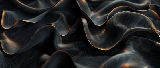 3D rendering with drapery layers and folded textile ruffles, black fabric macro with golden edges, wavy fashion wallpaper