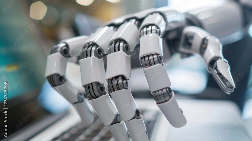 Poster robot hand over laptop keyboard backdrop