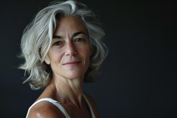 Portrait of a beautiful mature woman with grey hair and freckles - obrazy, fototapety, plakaty