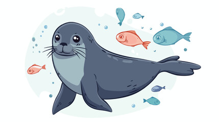 Cartoon seal swimming with fish Flat vector 
